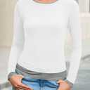 Cicy Bell Womens Long Sleeve Tops Patchwork Crewneck Slim Fit Shirts Going Out Casual Fall Basic Tees (S)