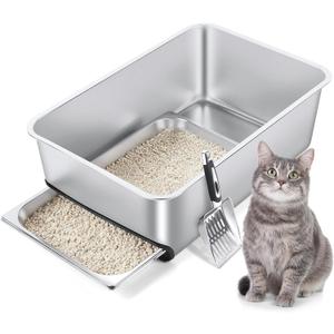 Stainless Steel Litter Box with Pull-Out Pan, 23.6" L x 15.7" Drawer Type Semi-Enclosed Cat Litter Box with Litter Scoop for Big Cat Easy Cleaning