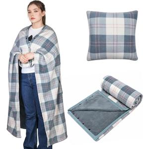 forestfish Wearable Blanket Compact Pillow 2-in-1, Lap Blanket Poncho with Button Plaid Throw Cushion for Home Office Sofa
