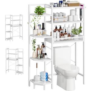 K1 Heavy Duty 7-Tier Over The Toilet StorageWith Basket and Paper HookFreestanding Above Toilet Shelf with Adjustable FeetSpace Saver Bathroom Shelves 9.3"D x 33.5"W x 63.8"HBeige White