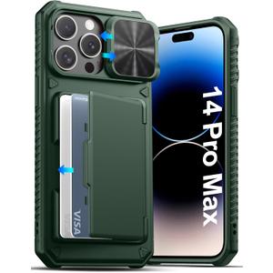 ATATOO for iPhone 14 Pro Max Case, Built-in Card Holder (Store 3-5 Cards) & Sliding Camera Cover, Military Grade Protection, Heavy Duty Sturdy Durable Wallet Phone Case for 14 Pro Max 6.7", Green