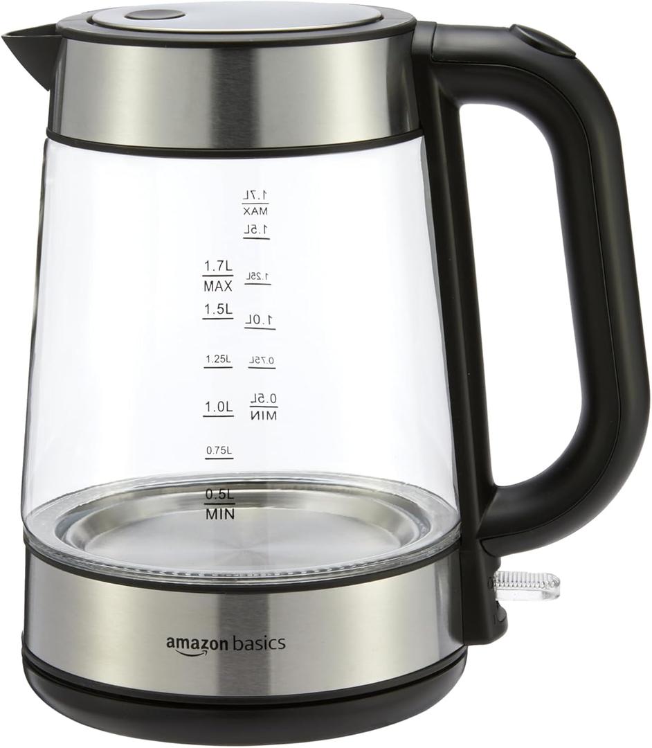 Amazon Basics Electric Kettle with Glass Carafe for Tea and Coffee, BPA-Free, Fast Boiling, Auto Shut-Off, Boil-Dry Protection, Water Level Indicator, 1.7 Liter, 1500W, Black and Silver (1.8 Quarts)