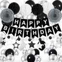 69Pcs Birthday Decorations Black Happy Birthday Banner Balloons Paper Fans Honeycomb Balls Hanging Swirl Stars Garland Party Decorations for Men Women Wednesday Halloween