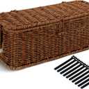 Cable Management Box, Desk Handwoven Rattan Cord Hider Cable Organizer Box With Lid Button Lock, Power Strip Cover Wicker Decorative Basket, Floor Wire Hiding Extension Cord Box (dark brown)