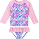 Lovekider Little Girls Swimsuits Two Pieces Swimwears Rash Guard Set Long Sleeve UPF50+ Bathing Suit for Beach 2-8T (7-8 Years, Mermaid Scales Colorful)