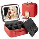 Makeup Travel Bag with LED Lighted Mirror Adjustable Brightness Portable Waterproof Makeup Case with Adjustable Dividers, Make up Train Case Organizer Makeup Brush Accessories and Tool Case 