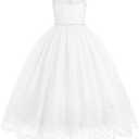 IDOPIP Flower Girl Lace Dress for Kids Wedding Bridesmaid Pageant Formal Party Long Maxi Gown Little Princess First Communion Birthday Prom Graduation V-Back Bow Puffy Tulle Dresses White 13-14 Years