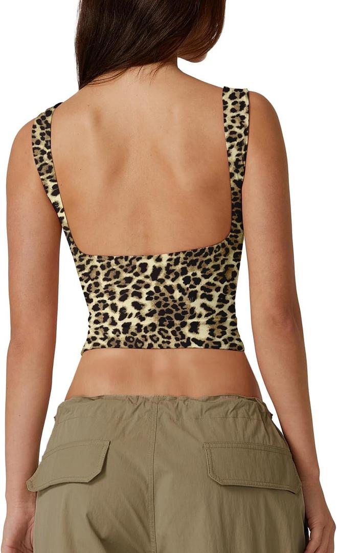 QINSEN Women's Sexy Open Back Sleeveless Crop Tank High Neck Slim Fit Cropped Tee Shirt Y2k Tops X-Large, Leopard