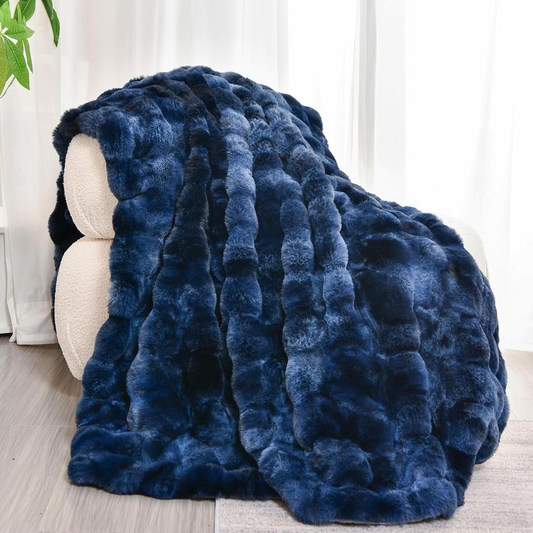 H&D Throw Blanket for Couch,Faux Fur,Fluffy Cozy Soft Plush Luxury Thick Fuzzy Fleece Blanket for Couch Bed Sofa Bedroom Living Room,Comfy Bubble Blanket (Mini Throw(40"x60"), Tie-dye-blue)
