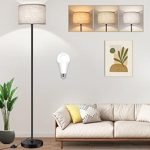 TOBUSA 65’’ Floor Lamp for Living Room Bedroom with 3CCT LED Bulb, Modern Standing Lamp Drum Shade, Standing Lamp with Foot Switch Black Pole, Dimmable Simple Design Stand Up Lamp for Office Reading, Black + Creamy (Shade)