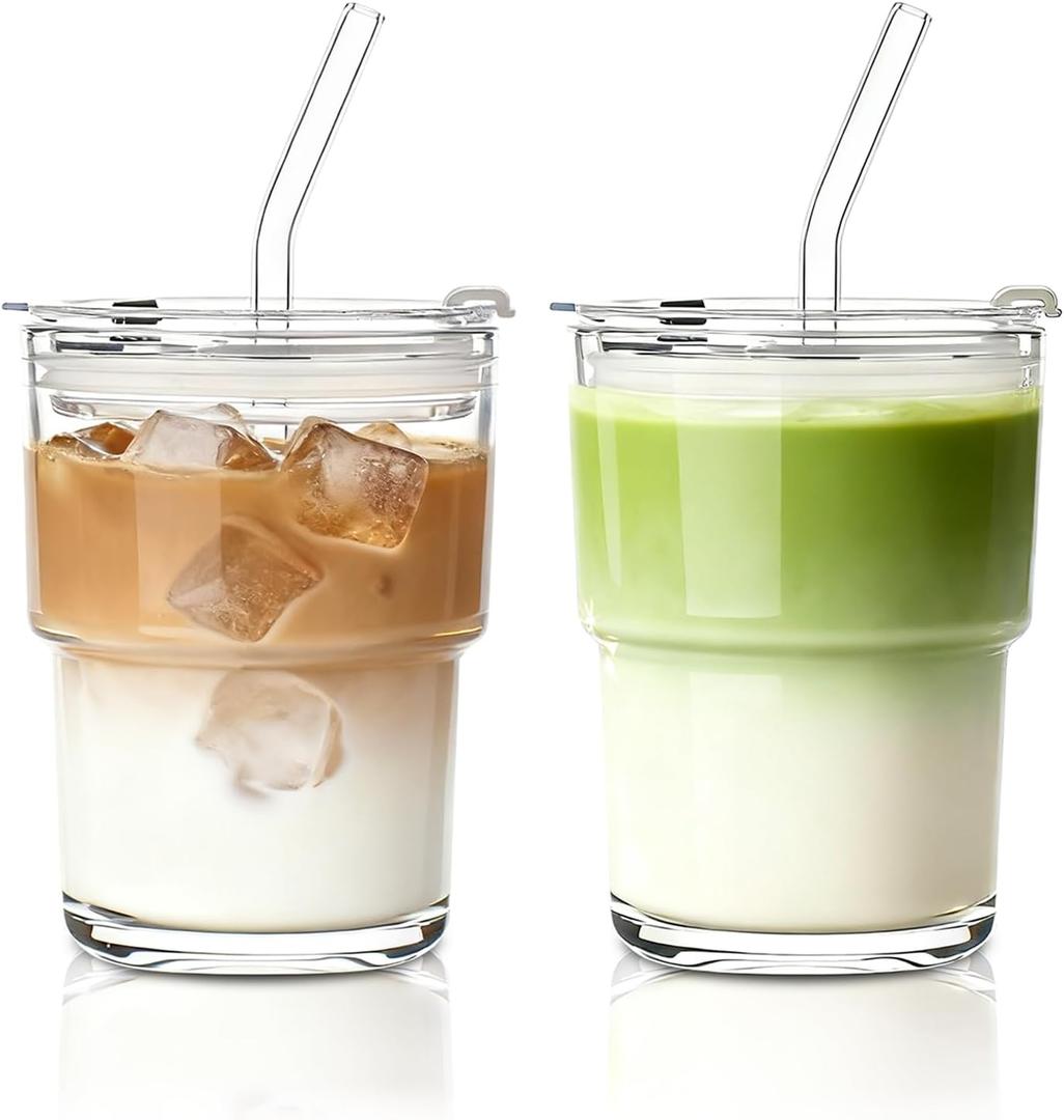 INSETLAN 13oz Portable Glass Tumblers Set of 2, Thick Wall Glass Cups with Lid and Glass Straw, On-the-Go Coffee Cups for Iced Coffee, Tea, Milk, Hot & Cold Drinks, Travel & Daily Use