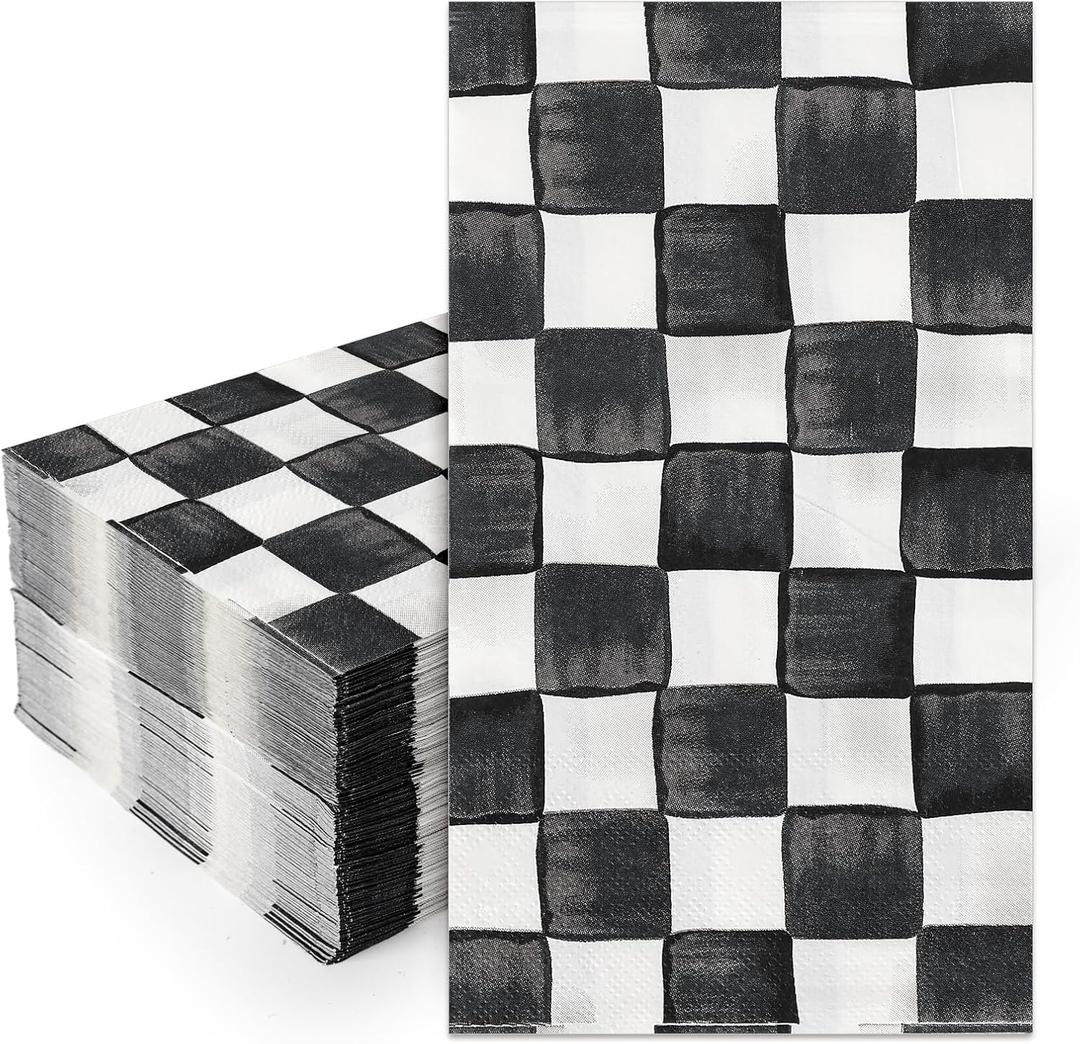 JarThenaAMCS 100Pcs Black Plaid Guest Napkins Watercolor Checkered Disposable Dinner Hand Towel Paper Napkins for Bathroom Birthday Racing Party Decor Table Supplies