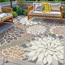 Colorful 5x8 Outdoor Area Rug Washable Multicolored Patio Rug Tropical Botanical Floral Chenille Waterproof Outdoor Carpet for Living Room, Deck, Backyard, Porch, Taupe