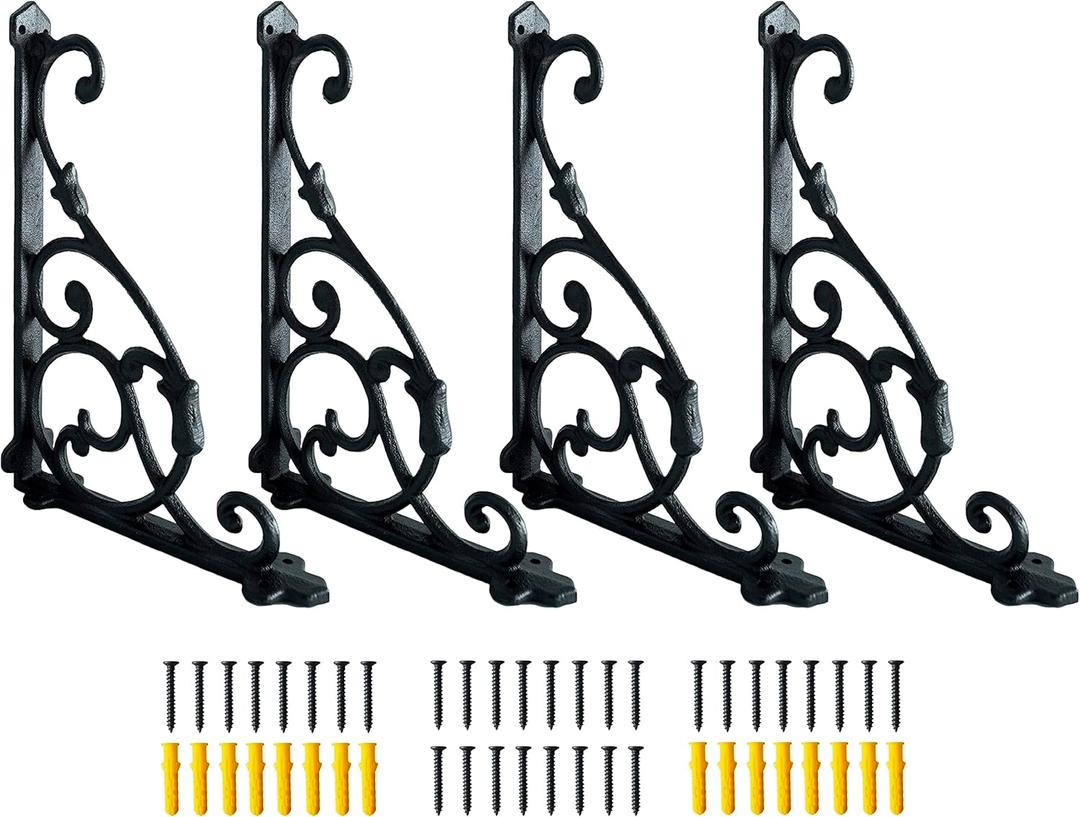 4 Pack Decorative Shelf Brackets,11*7.5 Inch Cast Iron Shelf Supply,Antique Black Corbel,Screws Anchor Included