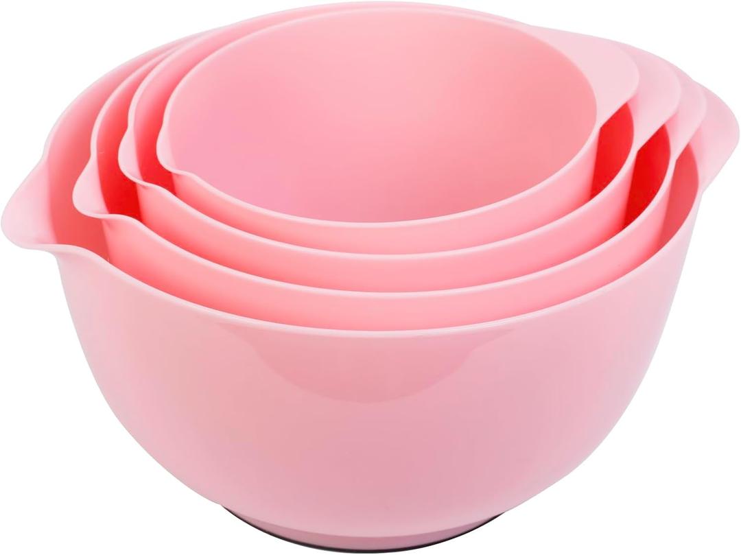 BoxedHome 4 Quart Large Plastic Mixing Bowls, Microwave Safe Mixing Bowl Set with Pour Spout, Nesting Bowls for Space Saving Storage (Fading Rose)