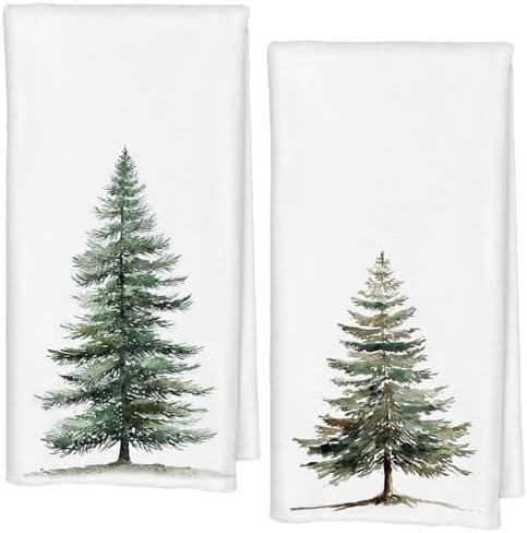 Qabliqo Pine Tree Kitchen Hand Towels, Winter Bathroom Decor, Rustic Christmas Decor, Rustic Farmhouse Xmas Tree Decorative Hand Towels for Bathroom, 16x24 Inch Set of 2