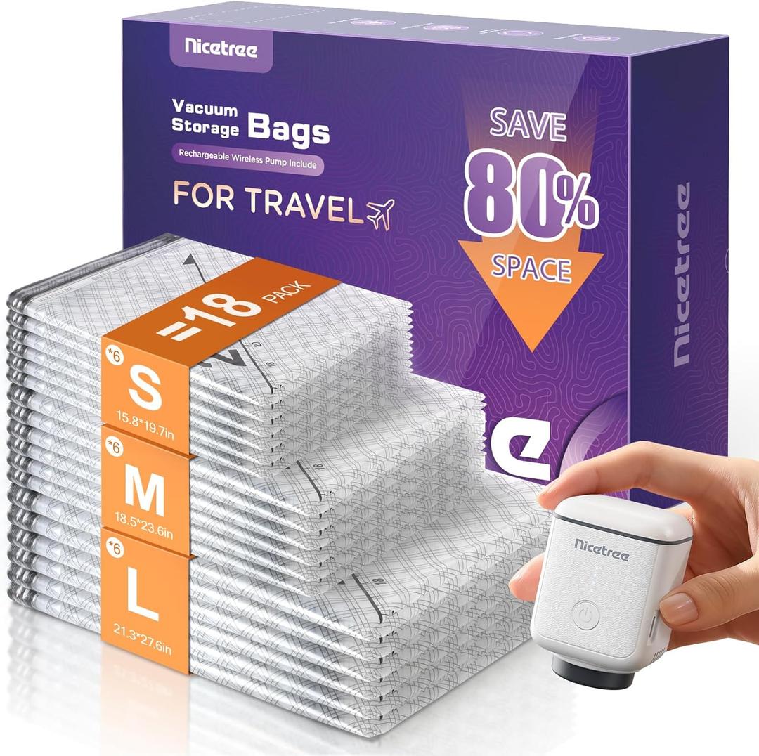 Nicetree 18-Pack Vacuum Seal Bags with Rechargeable Wireless Pump | 3 Sizes (20/24/28 Inch) Travel Vacuum Storage Bags for Clothing, Bedding & Seasonal Storage | Space Saver for Luggage