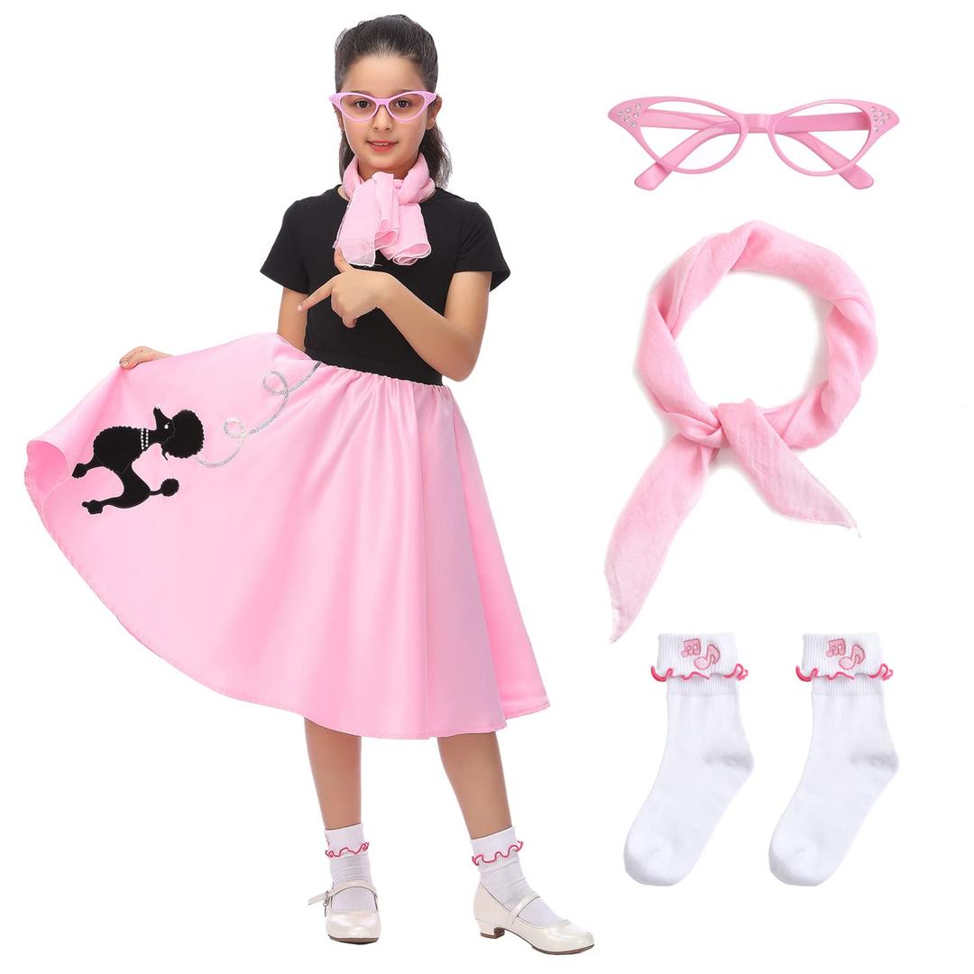 Leadtex 50s Poodle Skirt Sock Hop Costume Accessory Set for Girls with Scarf,Glasses,Socks.