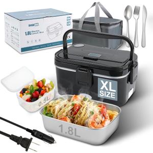 1.8L+0.5L Heated Lunch Box for Men, 80W Electric Lunch Box with Long-handled Utensils for Adults, 12V/24V/110V Lonchera Elctrica Porttil, Portable Food Warmer for Car/Truck/Office (Black)