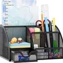 EasyPAG Mesh Desk Organizer, Multi-functional Stationery Organizer for School Supplies, Office Pen Holder for Desk, 6 Compartments Dorm Organization with Drawer, Black