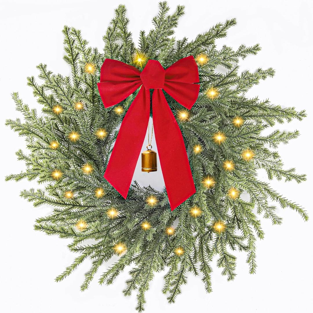 AMORISE Christmas Wreath with Lights, 26 in Norfolk Pine Wreath for Front Door, Large Greenery Wreath with Red Bow, Bell, Real Touch Artificial Wreaths for Indoor Outdoor Holiday Decor, FF11