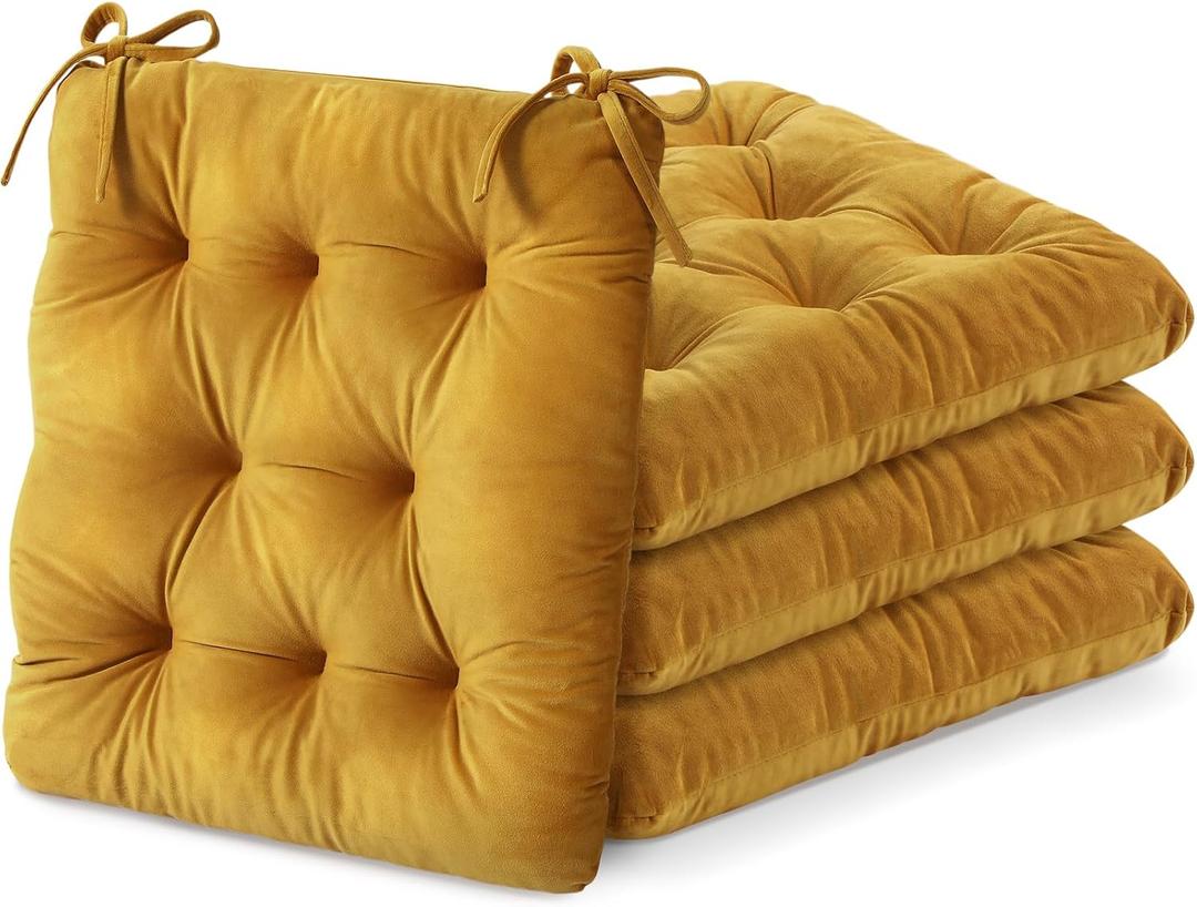 Nuanchu Memory Foam Chair Cushions Set of 4, Thick Indoor Seat Cushions for Dining Chairs Tufted Seat Pads for Kitchen, Dining Room, Office,(Turmeric Yellow,15.5"x15.5"x4")