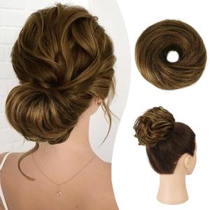 RUWISS Long Thin Straight Tousled Updo Bun Real Human Hair Elegant Hair Pieces Hair Bun Long Scrunchie Extension for Women 20g (Golden Chestnut Mixed Light Golden Blonde)
