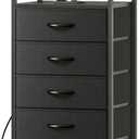 Huuger 5 Drawers Dresser with Charging Station, Dresser for Bedroom, Tall Night Stand, Chest of Drawers with Open Shelf, Bedside Table Nightstand, Fabric Storage Drawers, for Entryway, Black