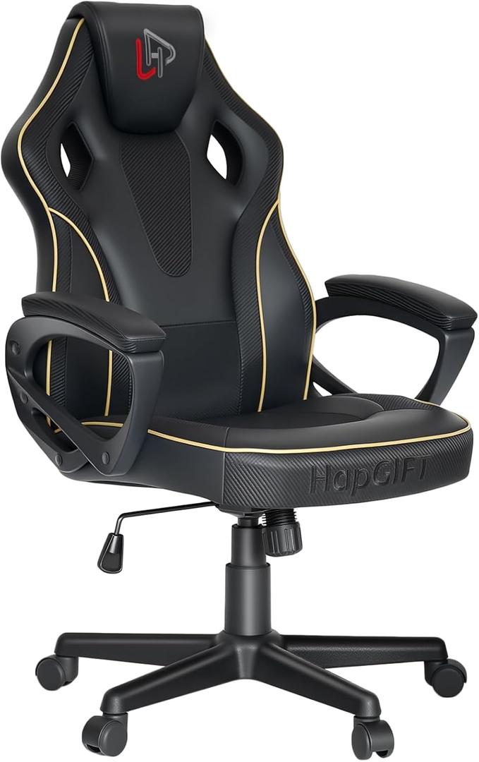 HapGIFT Gaming Chair, Ergonomic Computer Gaming Chairs with Link Armrest, PU Leather Video Game Chairs for Adults Teens, Height Adujustable Racing Style PC Chair for Home, 300LBS (BLACK), Small