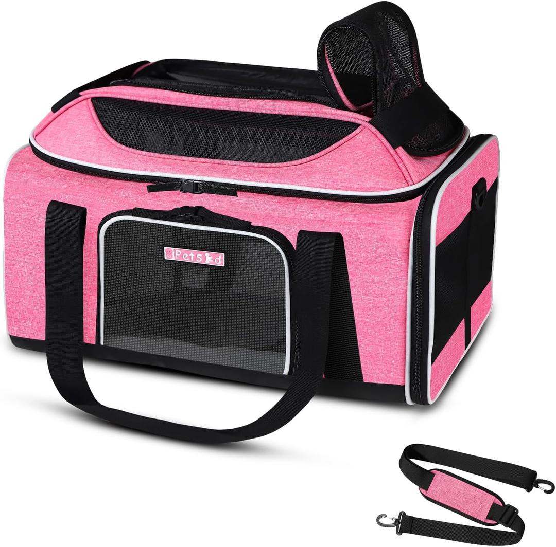 Petskd Top-Expandable Pet Carrier 17x12x8.5 Inches JetBlue Frontier Spirit Airline Approved, Soft-Sided Carrier for Small Cats and Dogs with Locking Safety Zippers and Anti-Scratch Mesh(Pink) (17.0"L x 12.0"W x 8.5"H, Pink)