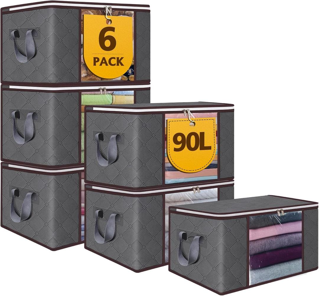 90L Large Storage Bags,6 Pack Foldable Clothes Storage Bins,Closet Organizers Storage Containers Durable Handle Thick Fabric For Bedding,Clothing, Blanket, Pillows and Toys,Grey