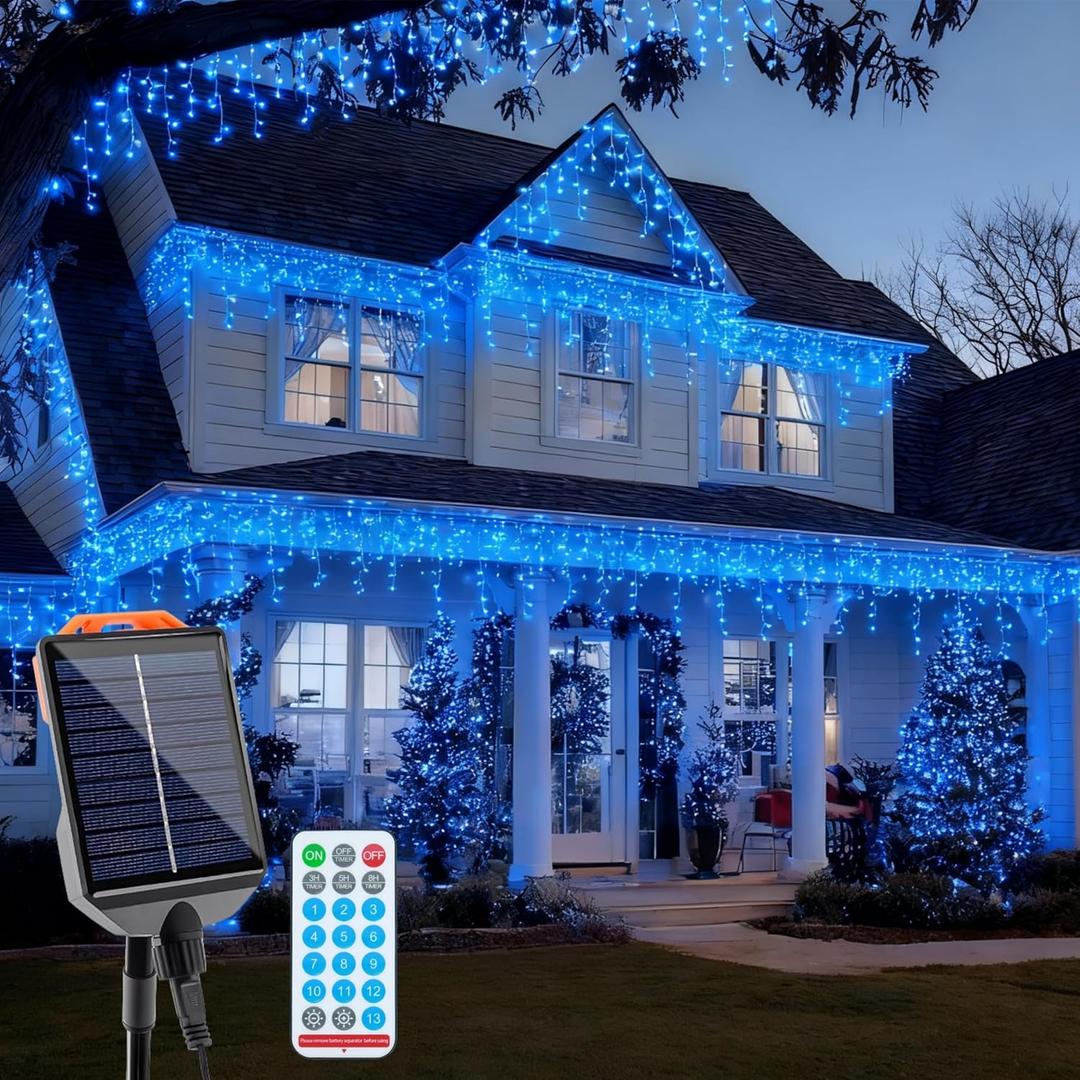 Solar Christmas Lights Outdoor 640LED 16Ft+60Ft, Solar Icicle Lights Waterproof with 13 Modes Rechargeable for Outside Roof Fence Christmas Decorations (Blue)