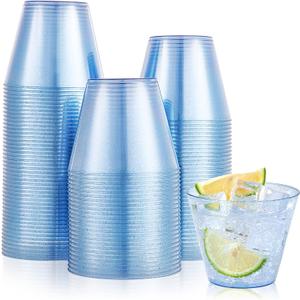 JOLLY CHEF 100 Pack 9 oz Blue Plastic Cups, Disposable Cups Tumblers, Elegant Blue Glitter Party Glasses Perfect for Wedding, Thanksgiving Day, Christmas Halloween