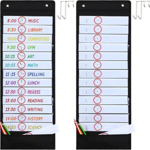 Seajan 2 Sets Daily Schedule Pocket Chart 13+1 Pockets Scheduling Pocket Chart Each Include Dry Erase Cards Hanging Hooks for Classroom Teacher Reusable Office Home Preschool Activity