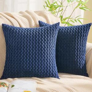 GAWAMAY Decorative Throw Pillow Covers 20x20 Inch Set of 2 for Living Room Couch Bed Sofa, Farmhouse Square Cushion Cover Soft Striped Corduroy Pillow Cases Boho Accent Home Decor (50x50cm) Navy Blue 
