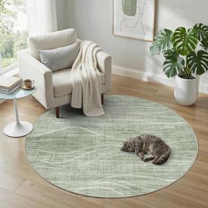WITSHOCK 5ft Round Area Rugs for Living Room, Thin Washable Rug, Modern Rugs for Bedroom Dining Room Office Nursery, Non-Slip Minimalist Striped Carpets for Home Decor, Green