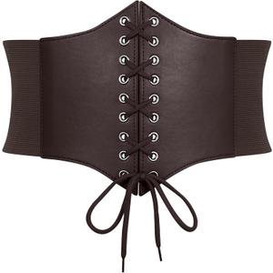 Women Corset Belt Elastic Lace-up Wide Waspie Belt Vintage Halloween Punk Costume (S fit waist:28"-30", 2-coffee)