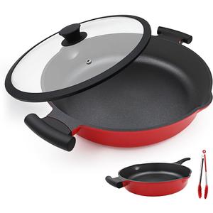 2-In-1 Nonstick Frying Pan Skillet with lid, 13.5 Inch Large Deep Frying Pan, 5 Qt Non Stick Saute Pan with Cover, Induction Pan, Non Toxic Cooking Pan with Helper Handle, PFOA PFOS APEO Free (Red)