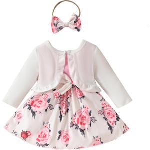 ZAXARRA Toddler Baby Girls Fashion Outfits Sleeveless Flower Print Dress Long Sleeve Ruffle Coat Bow Headband Clothing sets (5-7 Y, White)
