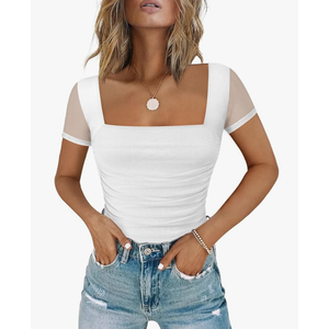 Chunpin Women's Square Neck Mesh Short Sleeve Bodysuit Outfits Tops Sexy Thong Bodysuit, Size XL