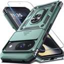 Janmitta Case Compatible with Google Pixel 9/9 Pro Built in Slide Camera Lens Cover+Screen Protector+Finger Ring Holder Kickstand,Heavy Duty Shockproof Full Body Protective Phone Cover,Dark Green