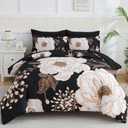 Luxudecor Floral King Comforter Set 7 Pieces Bed in a Bag, White Flower Print on Black Bedding Set, Soft Reversible Comforter with Sheet Set 104"x90"