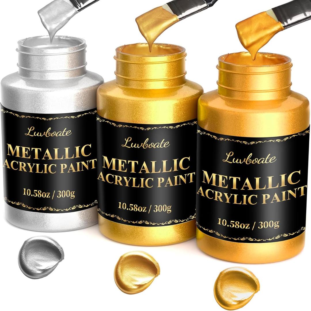 Acrylic Metallic Paint, 3 Colors 24k Gold & Bright Gold & Silver 31.75oz(900g), Non-Toxic Golden Paint, Non Fading Metal Paint for Art Painting on Fabric, Canvas, Wood, Clay, Crafts