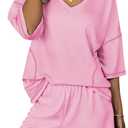 Ekouaer Two Piece Sets for Women Summer Lounge Sets 2026 Striped Shirts and Shorts Set Oversized Matching Outfit (Pink, M)