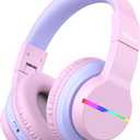 iClever BTH12 Kids Bluetooth Headphones,Colorful LED Lights,74/85dBA Safe Volume,85H Playtime,Bluetooth 5.2,Over Ear Headphones Builtin Mic for iPad/Tablet/Airplane,Blossom Pink