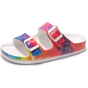 FUNKYMONKEY Women's Comfort Slides Double Buckle Adjustable Plastics Flat Sandals (7, Rainbow Digital Printing/Xpz)