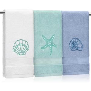 3 Pack Coastal Hand Towels for Bathroom 100% Cotton Embroidered Beach Bathroom Towels 13.8 x 29.5'' Seashell Starfish Conch Blue Finger Towel Nautical Decorative Towel Gift for Summer Holiday (Classic)