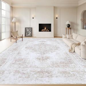 Area Rug 9x12 Living Room Rug, Machine Washable Vintage Distressed Medallion Rug Non-Slip Soft Low Pile Large Indoor Rugs for Bedroom Kitchen Dining Room Office(Beige,9'x12')