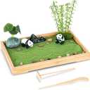 Zen Garden Kit for Desk 11''x7.5'' Room Decor with Green Sand, Panda Decorative Ornaments, Haystack, Ceramic Mountain, Stones and Rakes (Panda Bamboo)