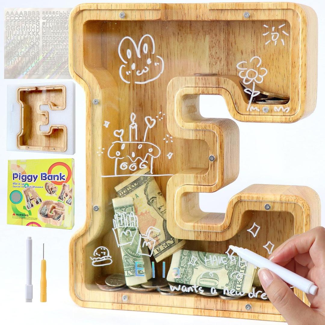 Large Letter Piggy Bank for Kids Boys Girls Wooden Personalized Piggy Banks A-Z with Target Area Clear Alphabet Banknote Coin Banks for Gift Decoration Baptism (E)